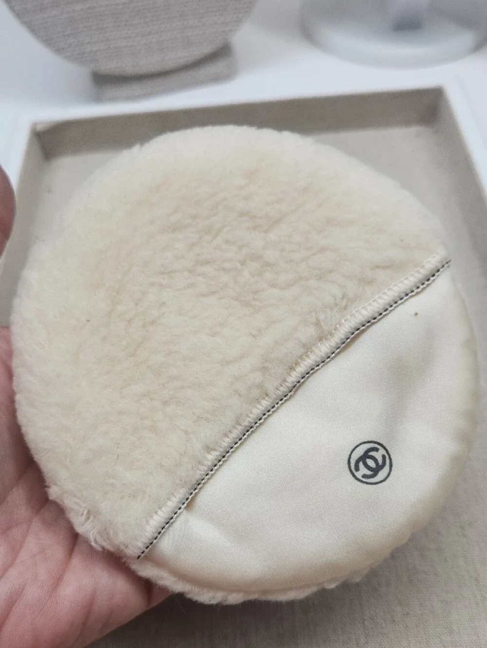 CHANEL Cream Round Plush Powder Puff with Satin Logo